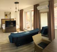 Na predaj štyri apartmány na jednom poschodí Podhájská - Svetlý 2-izbový byt s podlahou s dreveným dekorom, pohovkou a veľkými oknami.