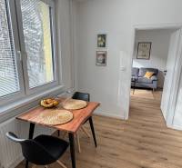 Exkluzívna ponuka moderného 1-izbového bytu s balkónom v meste Vráble - Jedálenský kút v 1-izbovom byte s podlahou s dreveným dekorom a jednoduchým nábytkom.