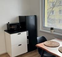 Exkluzívna ponuka moderného 1-izbového bytu s balkónom v meste Vráble - Kuchyňa v 1-izbovom byte s chladničkou, stolom a podlahou s dreveným dekorom.