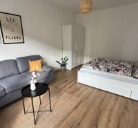 Exkluzívna ponuka moderného 1-izbového bytu s balkónom v meste Vráble - Obývacia izba v 1-izbovom byte s pohovkou, posteľou a podlahou s dreveným dekorom.