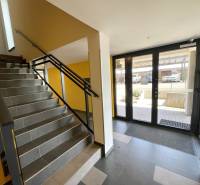 KOŠICE-2 IZBOVÝ BYT,NOVOSTAVBA,KOMPLET ZARIADENÝ,VL.PARK. MIESTO - Schodisko s tmavými obkladačkami a presklenými dverami v Košiciach na ulici Borievkova.