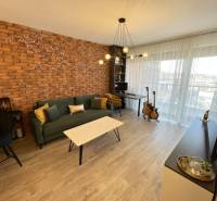 KOŠICE-2 IZBOVÝ BYT,NOVOSTAVBA,KOMPLET ZARIADENÝ,VL.PARK. MIESTO - Obývacia izba v 2-izbovom byte s tehlovým obkladom a podlahou s dreveným dekorom.