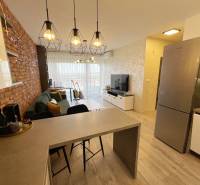 KOŠICE-2 IZBOVÝ BYT,NOVOSTAVBA,KOMPLET ZARIADENÝ,VL.PARK. MIESTO - Obývacia izba s barovým pultom, podlahou s dreveným dekorom a tehlovým akcentom.