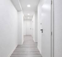 NOVÁ KOMPLET. REK., 3–IZB. BYT, PIVNICA, BALKÓN, DUKELSKÁ, BERNOLÁKOVO - Chodba s bielymi stenami a podlahou s dreveným dekorom v 3-izbovom byte.