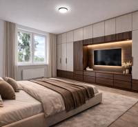 NOVÁ KOMPLET. REK., 3–IZB. BYT, PIVNICA, BALKÓN, DUKELSKÁ, BERNOLÁKOVO - Spálňa v 3-izbovom byte s veľkou posteľou, skrinkami a televízorom na stene.