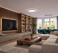 NOVÁ KOMPLET. REK., 3–IZB. BYT, PIVNICA, BALKÓN, DUKELSKÁ, BERNOLÁKOVO - Štýlová obývacia izba s pohovkou, podlahou s dreveným dekorom a veľkým televízorom v 3-izbovom byte.