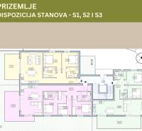 CHORVÁTSKO - Moderné apartmány 80 m od mora - SRIMA, VODICE - Pôdorys zobrazuje dispozíciu troch 3-izbových bytov v prízemí budovy.