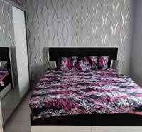 Na prenájom pekný 3izbový byt po rekonštrukcii 800,- Eur - Spálňa v 3-izbovom byte s posteľou a vzorovanými tapetami na stene.