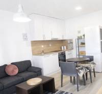 Na predaj 1,5 izbový apartmán v BA III Malokrasňanská 42,34m2 - Obývacia izba s kuchyňou v 2-izbovom byte, podlaha s dreveným dekorom.