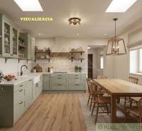 Vymeňte mestský hluk za ticho Bystričky: Domček s dušou a potenciálom - Interiér rodinného domu s kuchyňou, dreveným dekorom a kuchynským stolom s lampou.