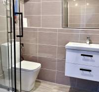 Na predaj 2 izbový murovaný domček, Bratislava, Záhorská Bystrica - Kúpeľňa v 2-izbovom byte, s sprchovým kútom, tmavými dlaždicami a podlahou s dreveným dekorom.