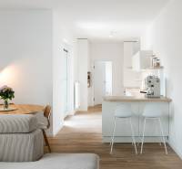 NUERA | PREDAJ 4i byt s predzáhradkou pri lese + 2x parking , BAIV - Kuchyňa so stolom, pohovkou a podlahou s dreveným dekorom v 4-izbovom byte.