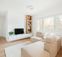 NUERA | PREDAJ 4i byt s predzáhradkou pri lese + 2x parking , BAIV - Svetlá obývačka v 4-izbovom byte s podlahou s dreveným dekorom, pohovkou a TV.