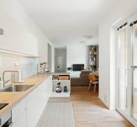 NUERA | PREDAJ 4i byt s predzáhradkou pri lese + 2x parking , BAIV - Kuchyňa s podlahou s dreveným dekorom a obývačka v 4-izbovom byte.