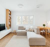 NUERA | PREDAJ 4i byt s predzáhradkou pri lese + 2x parking , BAIV - Obývacia izba so sedačkou, TV, knihovňou a jedálenským stolom, podlaha s dreveným dekorom.