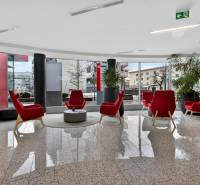 Kancelárie od 20m2 na PRENÁJOM | TOP biznis lokalita - Kancelárie s červenými kreslami, rastlinami a veľkými oknami s výhľadom na vonkajšie prostredie.