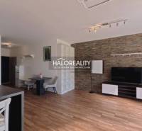 Prenájom, dvojizbový byt Stupava, Cementárenská - NO... - Obývacia izba v 2-izbovom byte s podlahou s dreveným dekorom a kamenným obkladom.