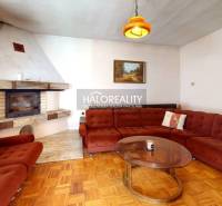 Predaj, rodinný dom Poltár - EXKLUZÍVNE HALO REALITY - Obývacia izba s krbom a pohovkou v rodinnom dome, s podlahou s dreveným dekorom.