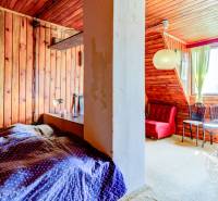 Dvojpodlažná chata v krásnom prostredí Buková, okr. Trnava - Izba v chate s drevenými stenami, červeným kreslom a zelenými závesmi.