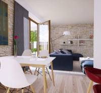 Krásny 4 izbový RD bungalov 101,65 m2 na pozemku 531 m2, Senec - Obývacia izba v Rodinnom dome s podlahou s dreveným dekorom a kamennými stenami.