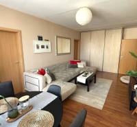 Pekný zariadený 3 izbový byt s lodžiou, Púpavová ulica, BA.Karlova Ves - Obývacia izba v 3-izbovom byte s pohovkou a stolom, podlaha s dreveným dekorom.