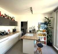 Pekný zariadený 3 izbový byt s lodžiou, Púpavová ulica, BA.Karlova Ves - Kuchyňa so spotrebičmi a podlahou s dreveným dekorom v 3-izbovom byte.