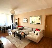 Pekný zariadený 3 izbový byt s lodžiou, Púpavová ulica, BA.Karlova Ves - Obývačka v 3-izbovom byte s podlahou s dreveným dekorom, sedačkou a jedálenským stolom.