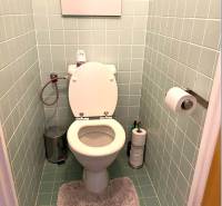 Pekný zariadený 3 izbový byt s lodžiou, Púpavová ulica, BA.Karlova Ves - Toaleta so svetlomodrými kachličkami, bielym WC, koberec a držiak na toaletný papier.