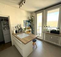 Pekný zariadený 3 izbový byt s lodžiou, Púpavová ulica, BA.Karlova Ves - Kuchyňa s ostrovom, rastlinami a veľkým oknom v 3-izbovom byte.