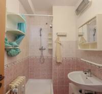 Na prenájom 2 izbový byt v Piešťanoch - Kúpeľňa v 2-izbovom byte s ružovými obkladmi, umývadlom a sprchovým kútom.