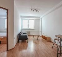 Na prenájom 2 izbový byt v Piešťanoch - Interiér 2-izbového bytu s gaučom, stolíkom a podlahou s dreveným dekorom.