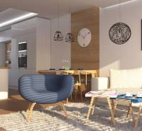 Praktický a úsporný rodinný dom v Bernolákove, Jelšova - Obývačka v rodinnom dome s kobercom, kreslom a jedálenským stolom, podlaha s dreveným dekorom.