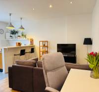 Tichý 2i byt v TOP Lokalite Nív | Trenčianska, BA - Obývacia izba s kuchyňou a podlahou s dreveným dekorom v 2-izbovom byte.