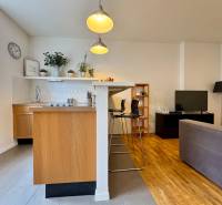 Tichý 2i byt v TOP Lokalite Nív | Trenčianska, BA - Kuchyňa a obývacia izba v 2-izbovom byte s podlahou s dreveným dekorom.