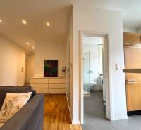 Tichý 2i byt v TOP Lokalite Nív | Trenčianska, BA - Obývacia miestnosť s podlahou s dreveným dekorom, kúpeľňou a kuchynskou linkou v 2-izbovom byte.