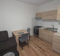 Prenájom veľký 1 izbový byt 48m2 Vráble- Centrum - Kuchyňa v 1-izbovom byte s dreveným dekorom podlahy a nábytku.