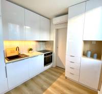 Dizajnový moderný 2 izbový byt Jurigovo nám. Bratislava IV Karlova Ves - Kuchyňa v 2-izbovom byte s bielymi skrinkami a podlahou s dreveným dekorom.
