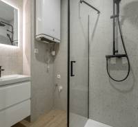 KOMPLETNÁ REKONŠTRUKCIA- 3i 54 m² + balkón - Dubnica nad Váhom - Kúpeľňa so sprchovým kútom a podlahou s dreveným dekorom v 3-izbovom byte.
