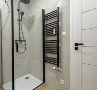 KOMPLETNÁ REKONŠTRUKCIA- 3i 54 m² + balkón - Dubnica nad Váhom - Sprchový kút s čiernym sprchovým setom a vykurovacím rebríkom v 3-izbovom byte.