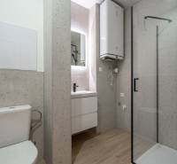 KOMPLETNÁ REKONŠTRUKCIA- 3i 54 m² + balkón - Dubnica nad Váhom - Kúpeľňa v 3-izbovom byte s podlahou s dreveným dekorom a sprchovacím kútom.
