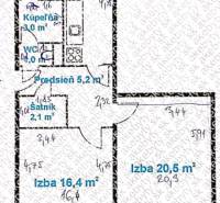 Prenájom 2-izbového bytu Bratislava II, Ružinov - Plán 2-izbového bytu s podlahovou plochou 60,6 m², obsahuje kuchyňu, kúpeľňu, WC a balkón.
