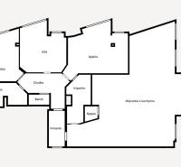 Staré Mesto | 5i byt 175 m² + 4 balkóny + možnosť 2× parking - Pôdorys 4-izbového bytu s obývačkou, kuchyňou, kúpeľňami a špajzou.