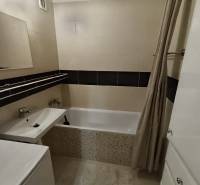 Predaj 4-izbového bytu na začiatku Petržalky Bratislava V - Kúpeľňa so sprchovým závesom, vaňou a umývadlom v 4-izbovom byte.