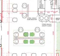 PRENÁJOM NEB.PRIESTORU V POLYFUNKČNOM DOME V CENTRE PEZINKA - Pôdorys obchodných priestorov na ulici Moyzesova, sedenie rozmiestnené v pravidelných radoch.