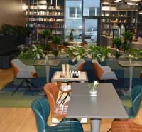 PRENÁJOM NEB.PRIESTORU V POLYFUNKČNOM DOME V CENTRE PEZINKA - Kaviareň na ulici Moyzesova s modernými obchodnými priestormi plnými zelene a kníh.