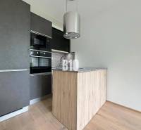 Posledný voľný APARTMÁN na kľúč - Rajecké Teplice - Moderná kuchyňa v 2-izbovom byte s drevenou podlahou a tmavou skriňou.