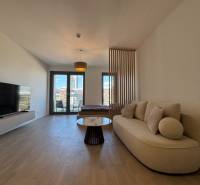 Prenájom 1-izbový byt s balkónom, METROPOLIS, Bratislava- Staré Mesto - Obývacia izba v 1-izbovom byte s pohovkou, televízorom a podlahou s dreveným dekorom.