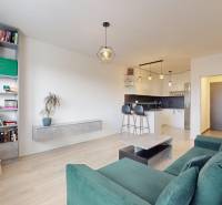 Na predaj 2-izbový byt v novostavbe s parkingom, Na pažiti, Trenčín - Svetlá obývacia izba s podlahou s dreveným dekorom a knižnicou v 2-izbovom byte.