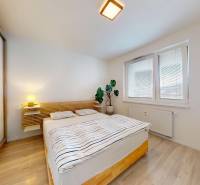 Na predaj 2-izbový byt v novostavbe s parkingom, Na pažiti, Trenčín - Spálňa s podlahou s dreveným dekorom, manželskou posteľou a rastlinou v 2-izbovom byte.