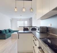 Na predaj 2-izbový byt v novostavbe s parkingom, Na pažiti, Trenčín - Kuchyňa a obývačka v 2-izbovom byte s podlahou s dreveným dekorom a zelenou sedačkou.